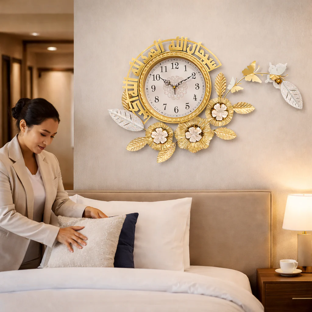 Large Metal Islamic Floral Gold Wall Clock With Butterfly, Muslim Ramadan Decorative Clock for Living Room Prayer Room - Image 6