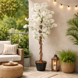 Large Artificial Tree, 55" White Sichuan Cherry Blossom, Nearly Natural Fake Plant, Indoor Outdoor Decor for Garden, Patio, Front Porch