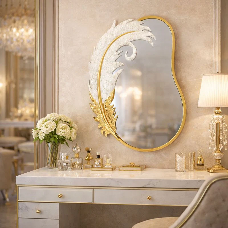Decorative Metal Wall Mirror, Gold with White Feather, Glitter, 89 cm Asymmetrical Mirror Home Office Girl's Room Decor Gift - Image 4