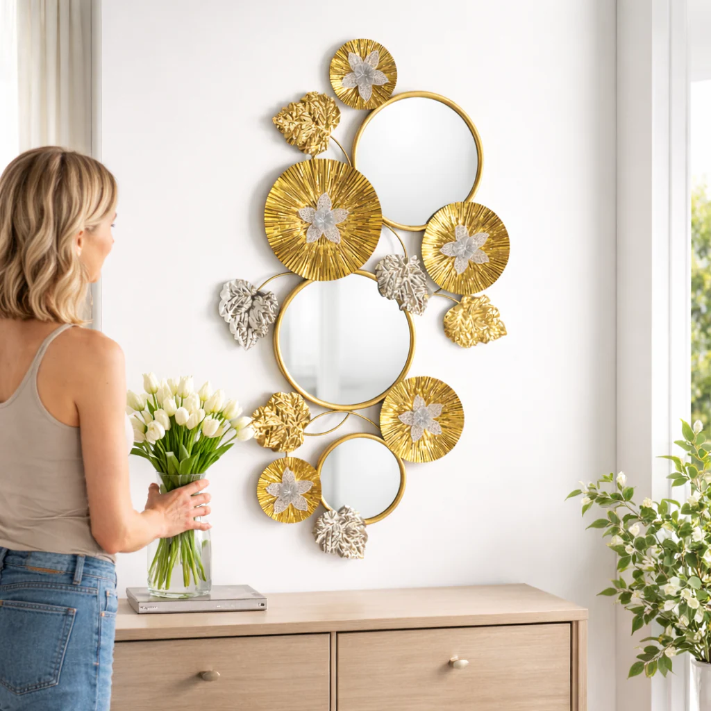 Large Gold Metal Wall Mirror, Wall Art Decor for Living Room, Office, Home, Entryway, Horizontal Vertical - Image 3