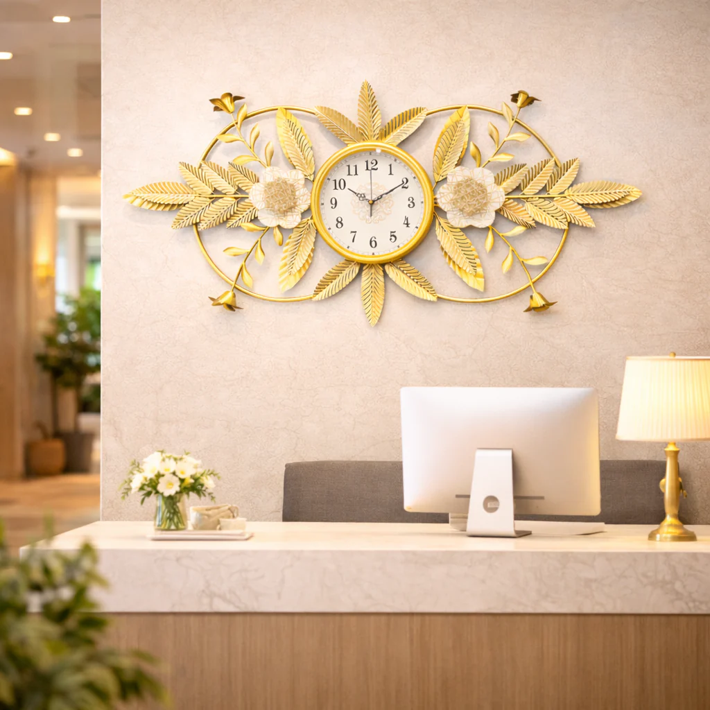 Large Metal Floral Decorative Gold Wall Clock for Living Room, Office Reception, Cafe, Hotel Decor Accent - Image 2