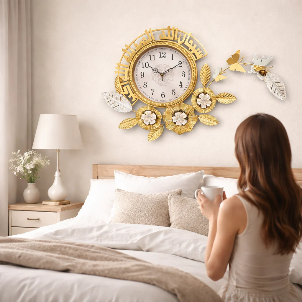 Large Metal Islamic Floral Gold Wall Clock With Butterfly, Muslim Ramadan Decorative Clock for Living Room Prayer Room - Image 3