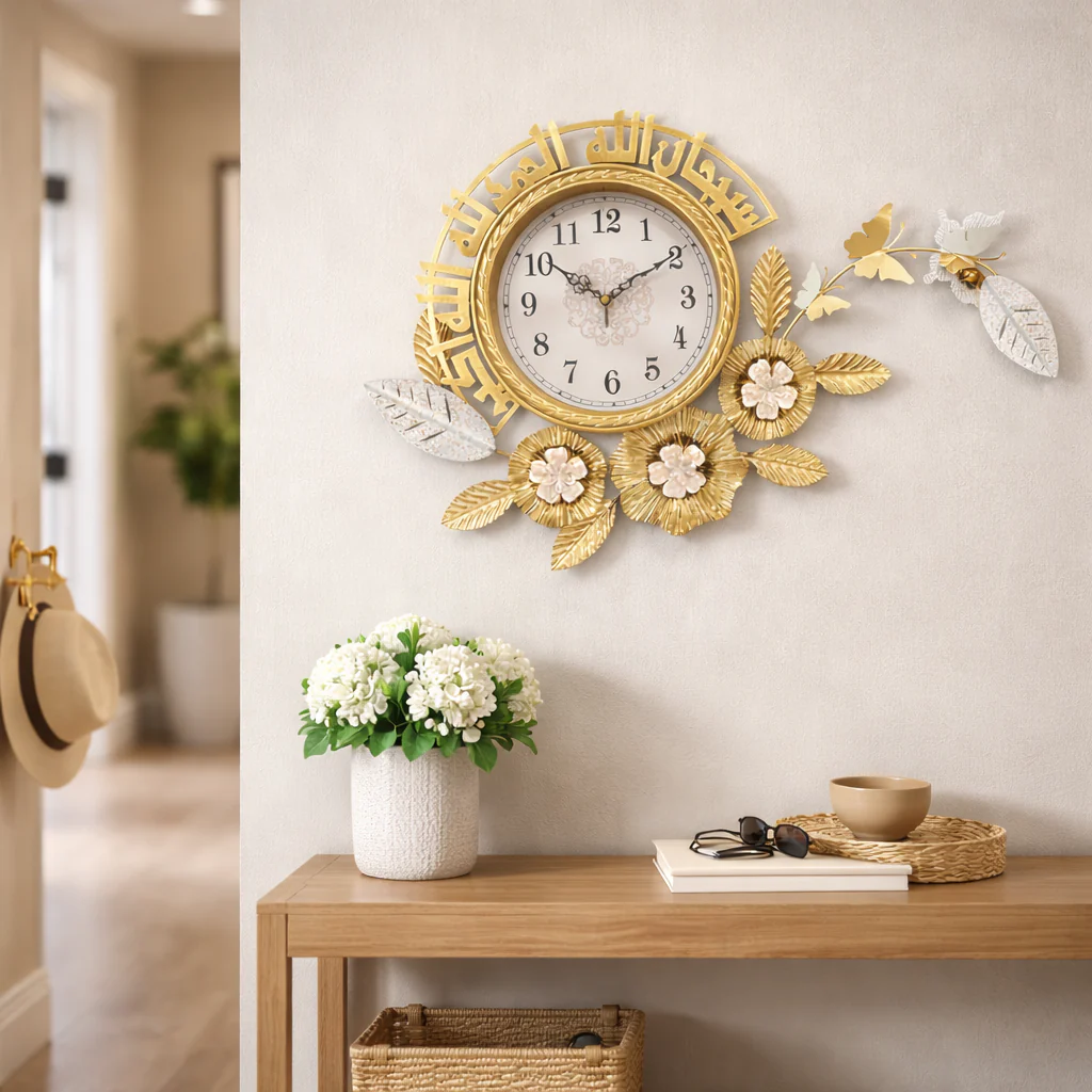 Large Metal Islamic Floral Gold Wall Clock With Butterfly, Muslim Ramadan Decorative Clock for Living Room Prayer Room - Image 8