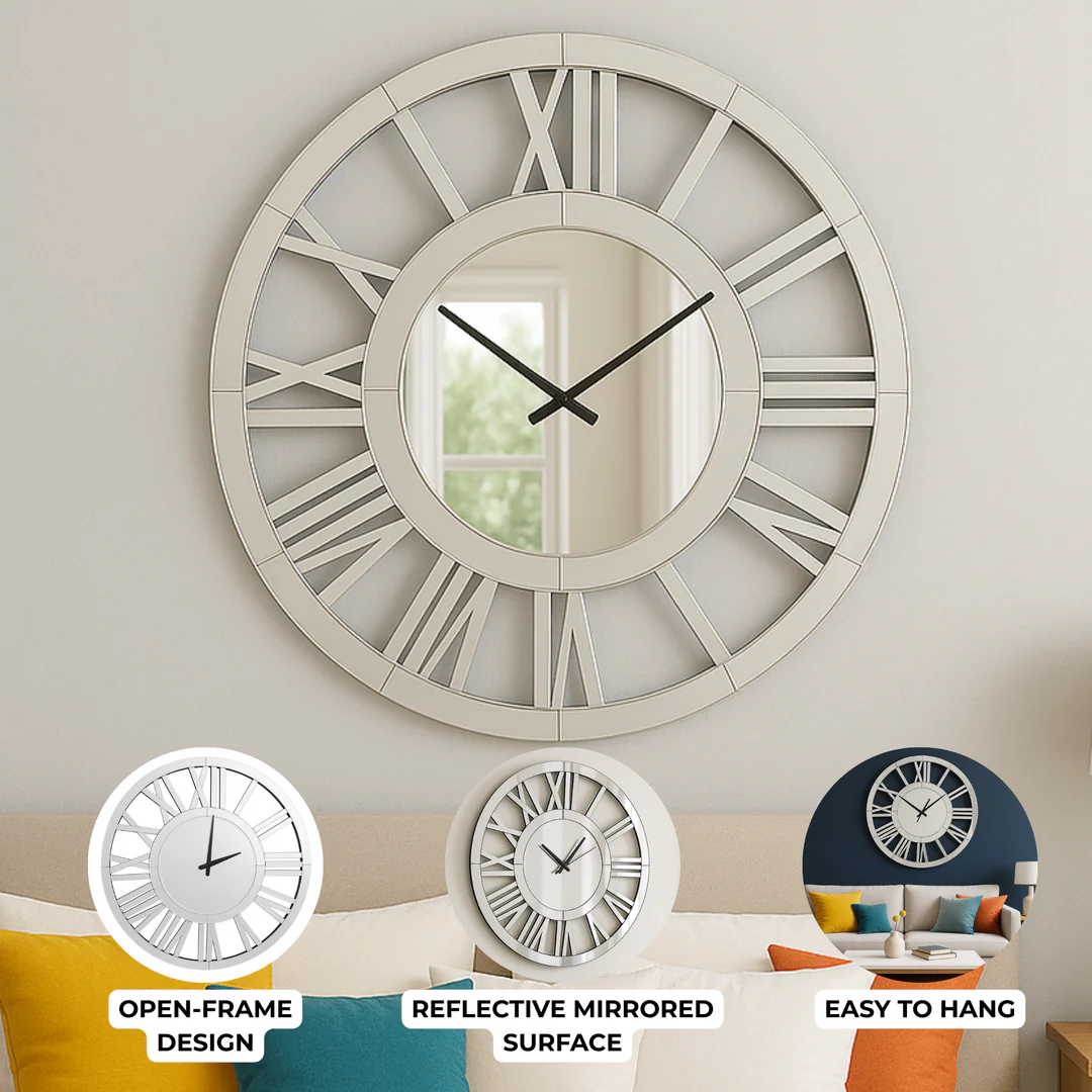 Large 60 cm Round Glass Mirror Wall Clock, Modern Roman Numeral Decorative Clock, Above Bed, Couch Decor, Gift - Image 5