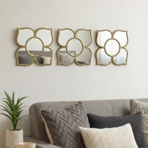 Golden Floral Wall Mirror Set, Traditional Modern Diwali Decor Gift, 25 cm Mirrors Pooja Room Decor