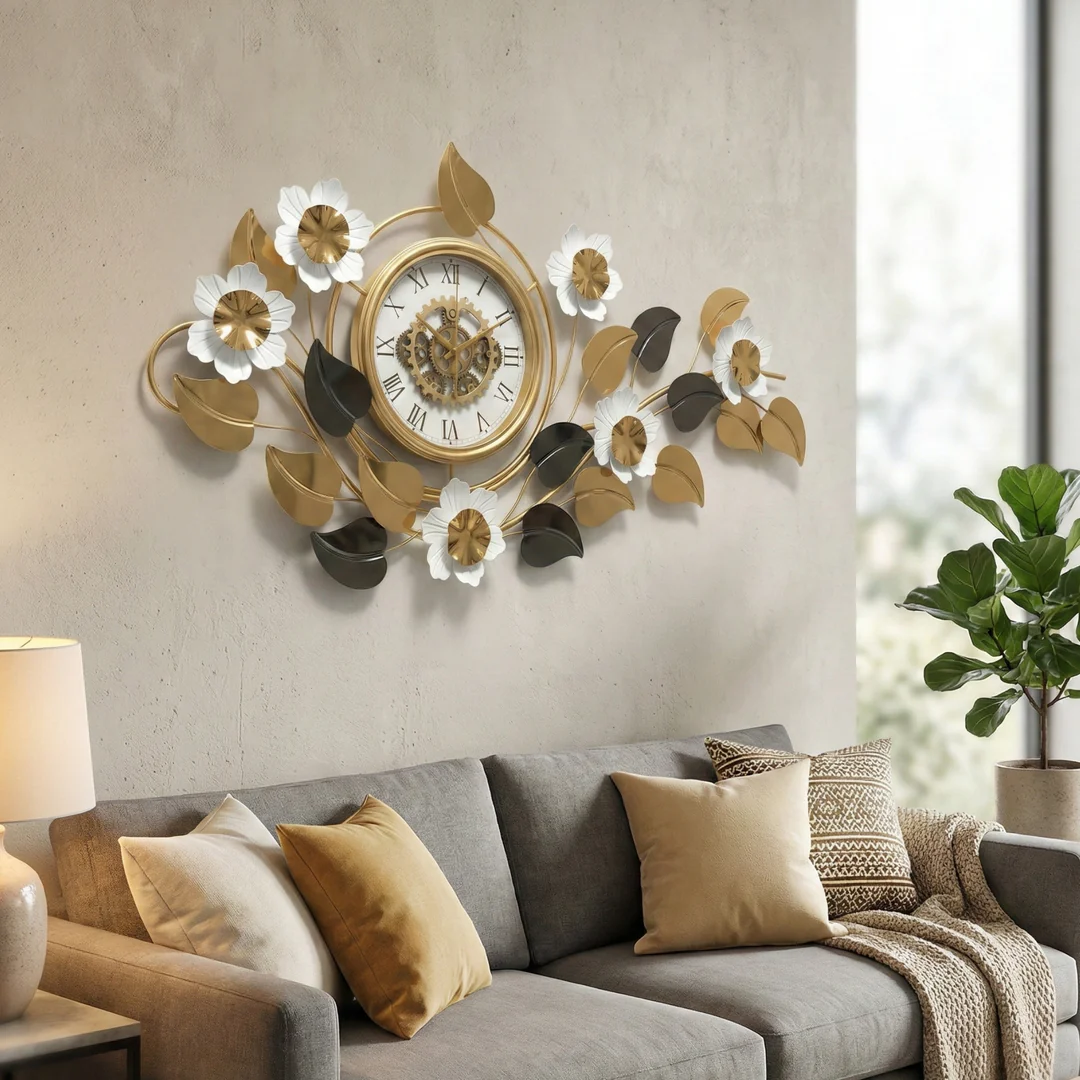 Large Elegant Wall Clock with Quartz Movement, Gold White Silver Floral Design Horizontal or Vertical Modern Decorative Home Accent Clock - Image 7