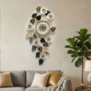 Large Elegant Wall Clock with Quartz Movement, Gold White Silver Floral Design Horizontal or Vertical Modern Decorative Home Accent Clock