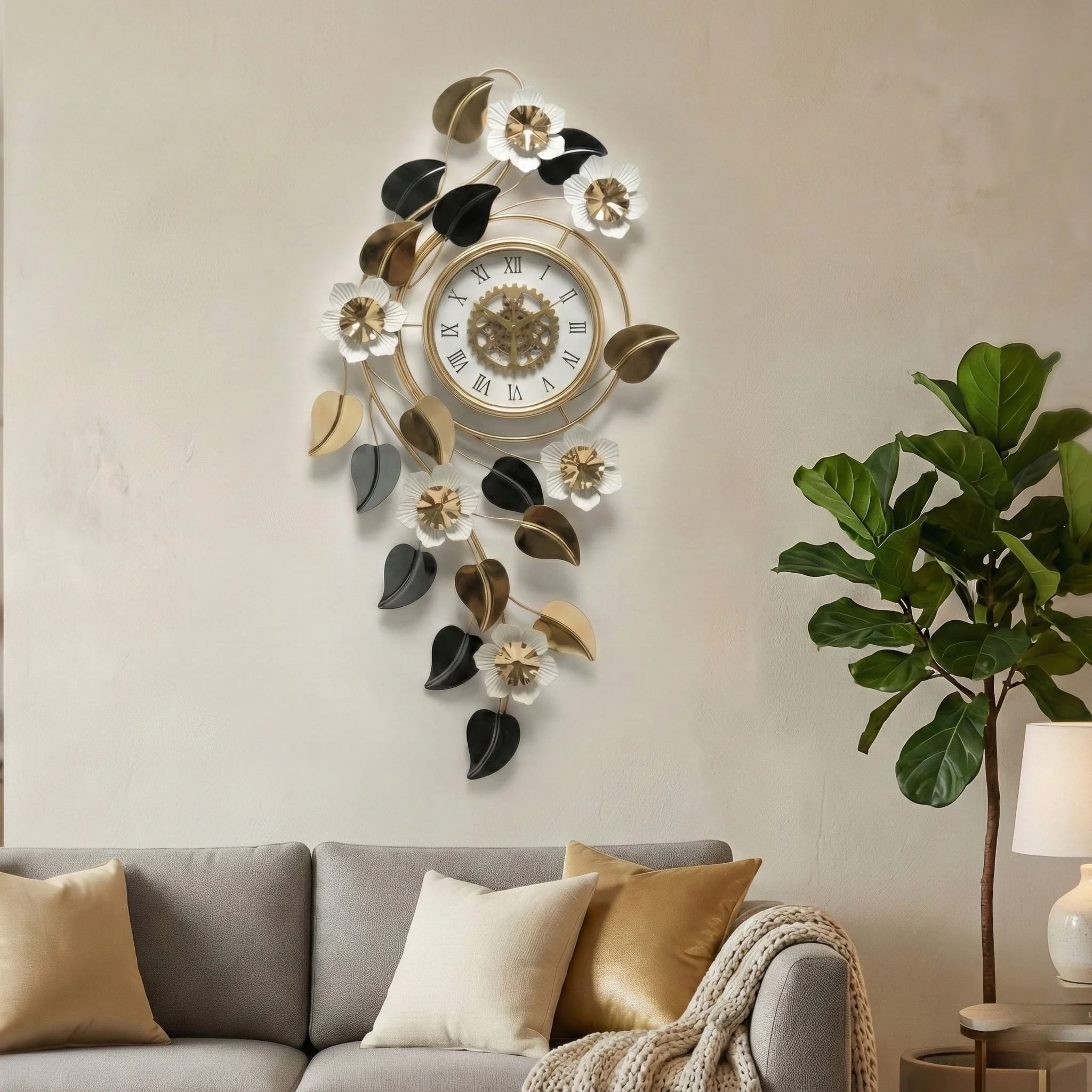 Large Elegant Wall Clock with Quartz Movement, Gold White Silver Floral Design Horizontal or Vertical Modern Decorative Home Accent Clock
