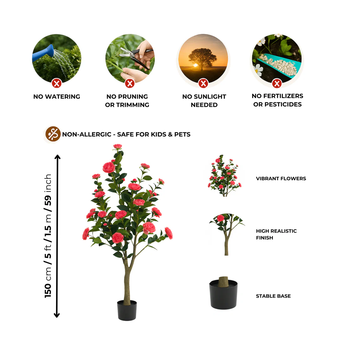 Artificial Flowering Tree, 5 ft Tall Fake Pink Camellia Tree Plant in Cement Base, Indoor Decor for Home or Office, Gift - Image 5