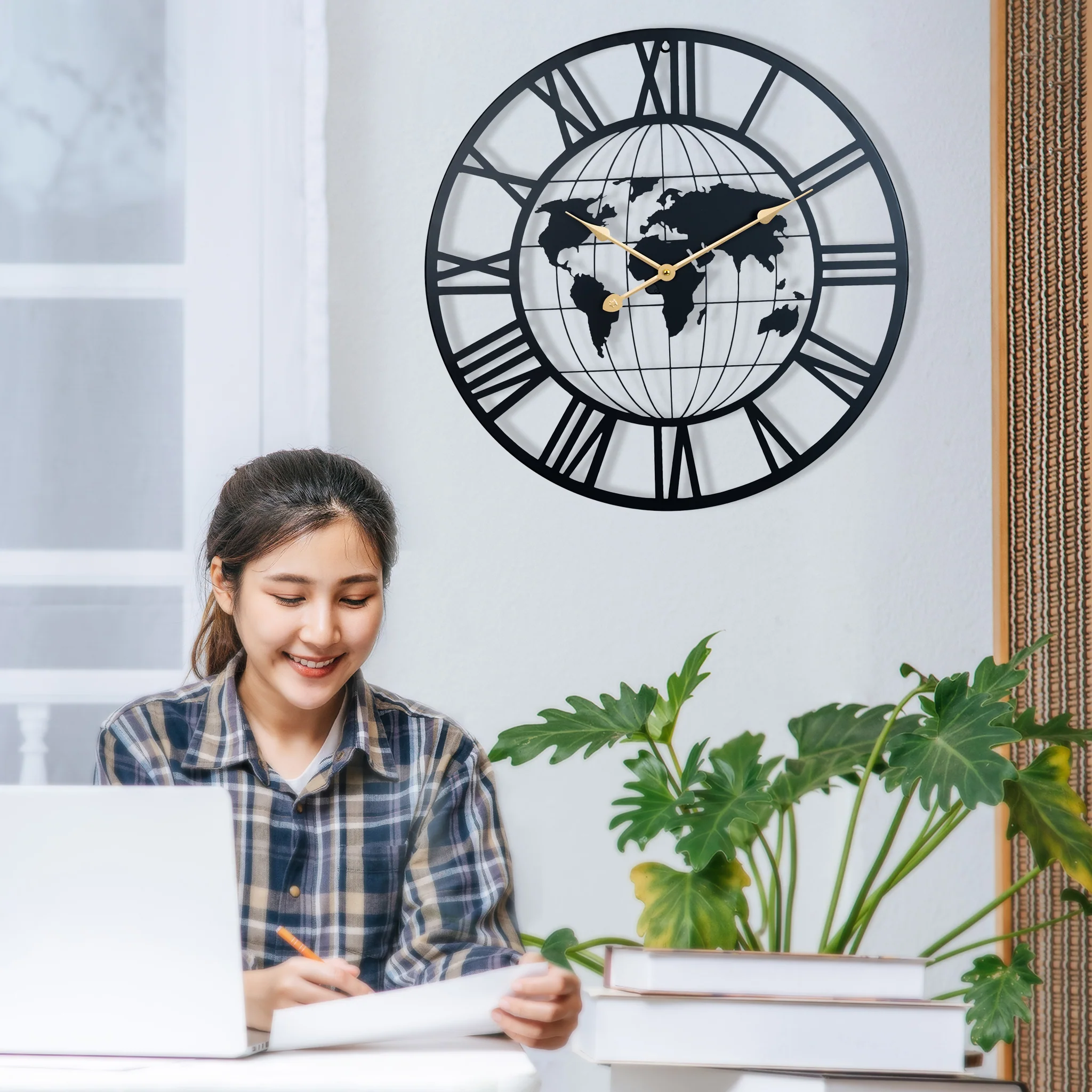 Round Metal Wall Clock, Black Embedded World Map, 24" Silent Roman Numeral Decorative Clock, Home Office Decor - Image 6