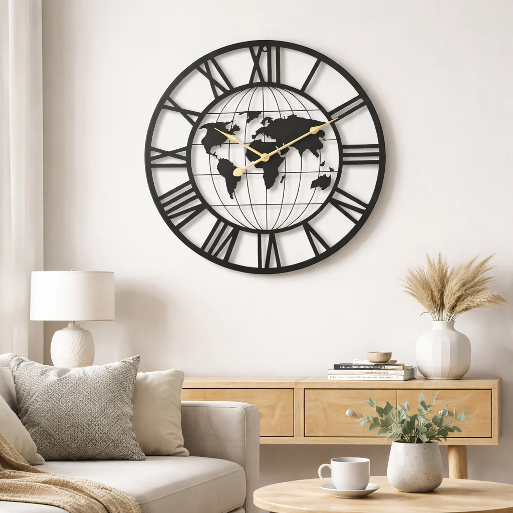 Round Metal Wall Clock, Black Embedded World Map, 24" Silent Roman Numeral Decorative Clock, Home Office Decor - Image 4