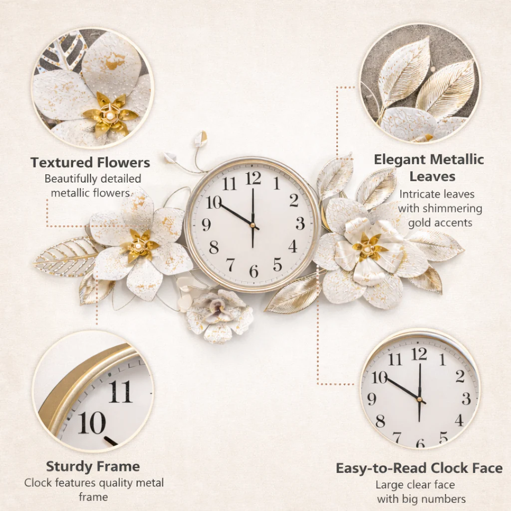 Large Metal Floral Silver Wall Clock, Elegant Horizontal Wall Art, Above the Bed, Couch, Living Room Decor - Image 4