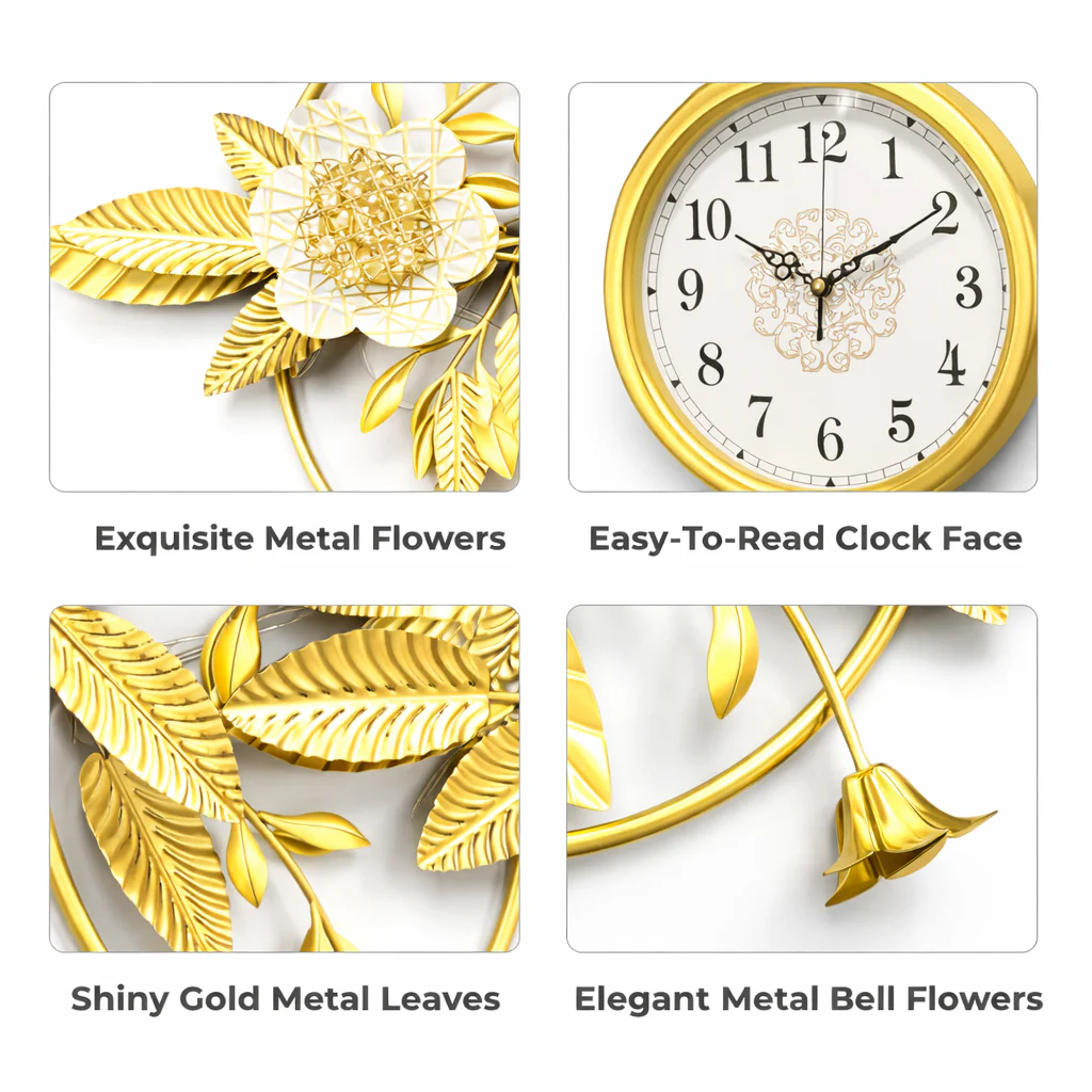 Large Metal Floral Decorative Gold Wall Clock for Living Room, Office Reception, Cafe, Hotel Decor Accent - Image 5