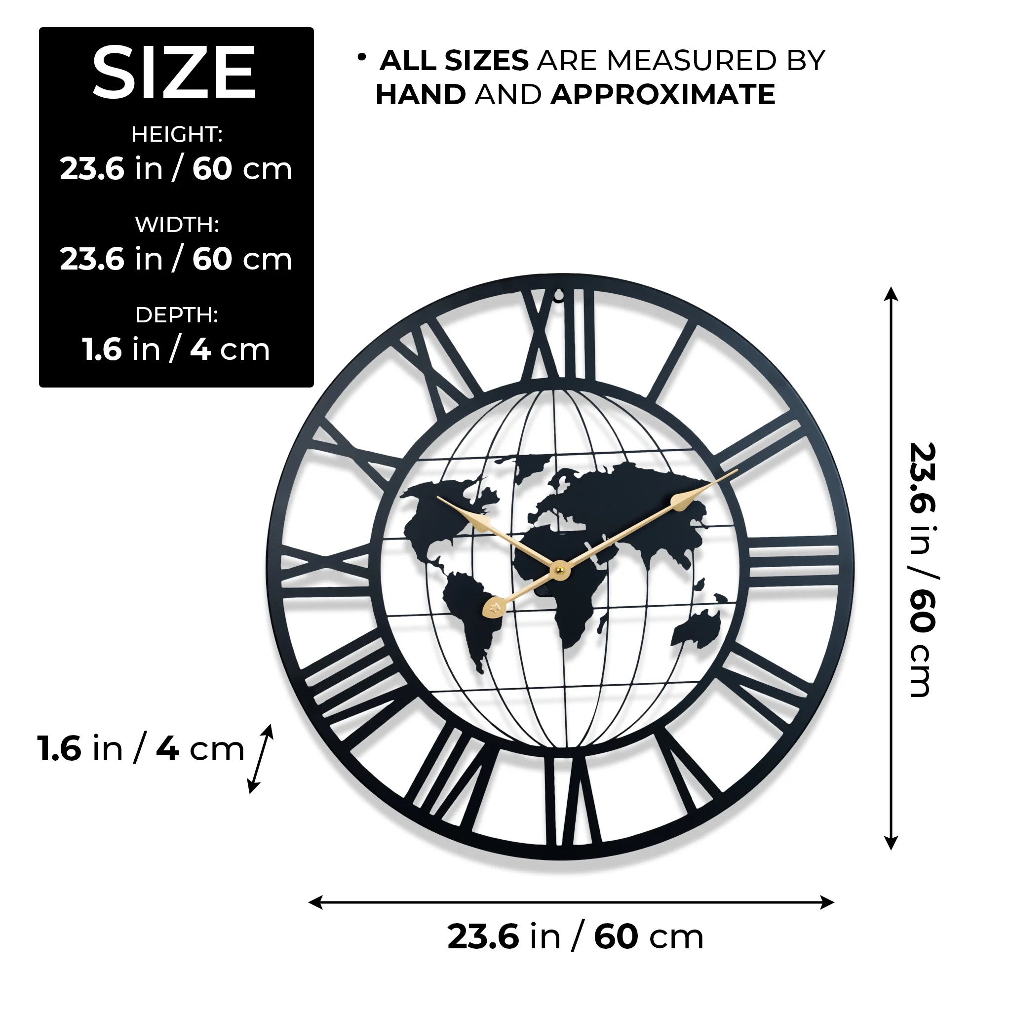 Round Metal Wall Clock, Black Embedded World Map, 24" Silent Roman Numeral Decorative Clock, Home Office Decor - Image 11