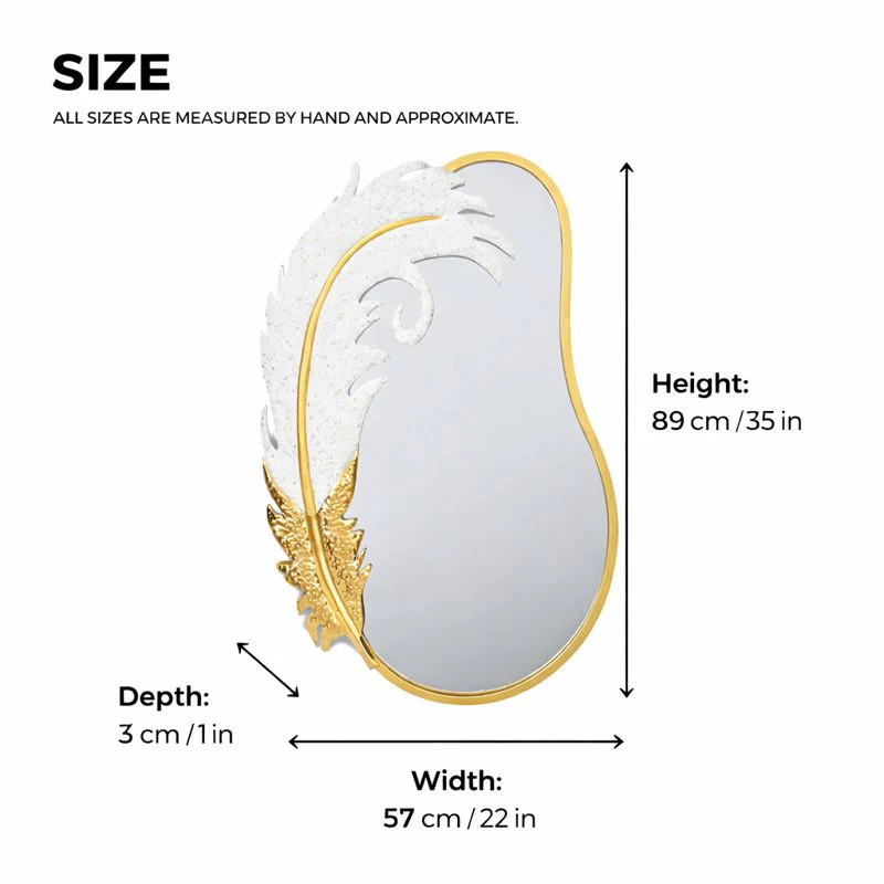 Decorative Metal Wall Mirror, Gold with White Feather, Glitter, 89 cm Asymmetrical Mirror Home Office Girl's Room Decor Gift - Image 6