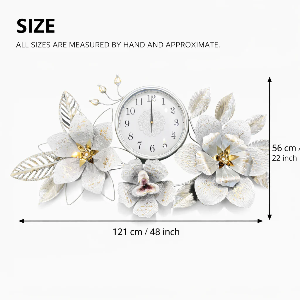 Large Metal Floral Silver Wall Clock, Elegant Horizontal Wall Art, Above the Bed, Couch, Living Room Decor - Image 3