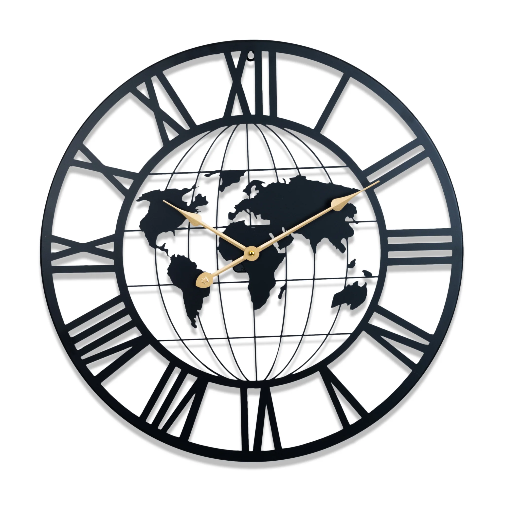 Round Metal Wall Clock, Black Embedded World Map, 24" Silent Roman Numeral Decorative Clock, Home Office Decor - Image 3