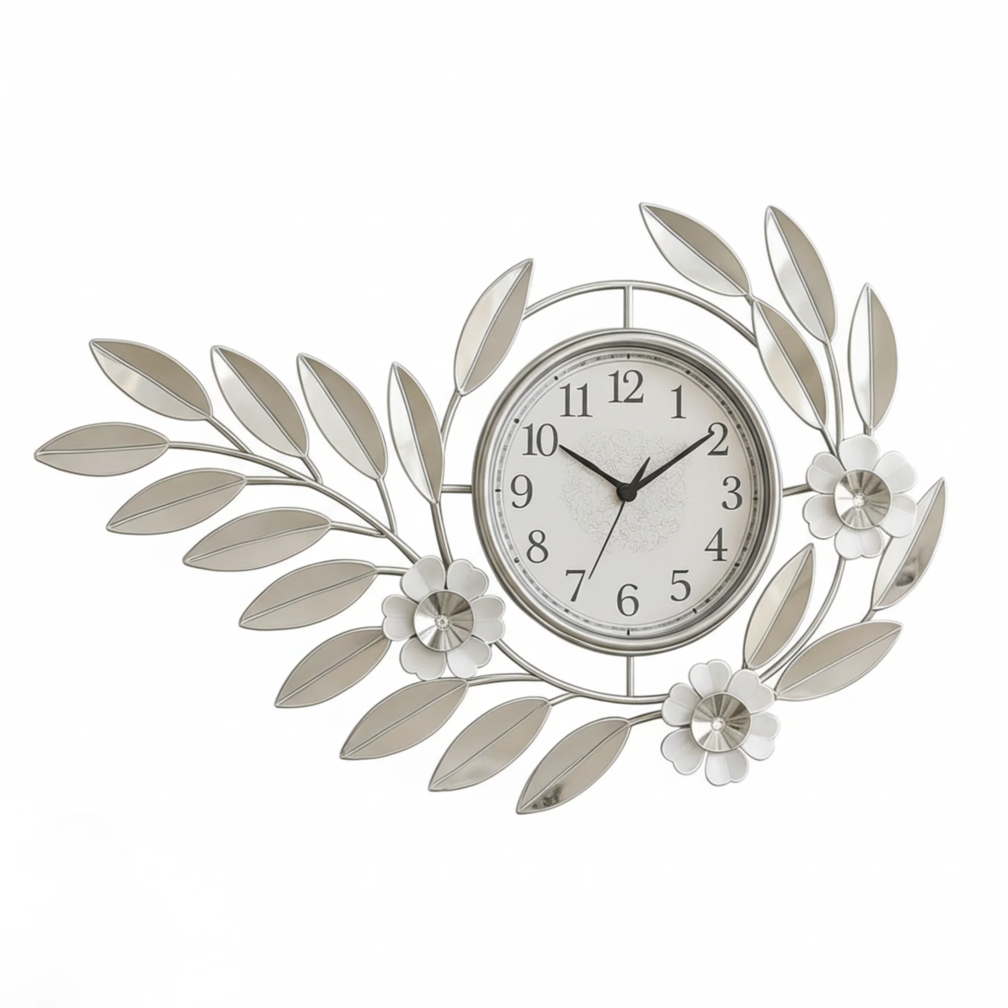 Large Silver Metal Wall Clock, Modern Floral Quartz Decor for Living Room & Home, Analog Decorative Clock - Image 5