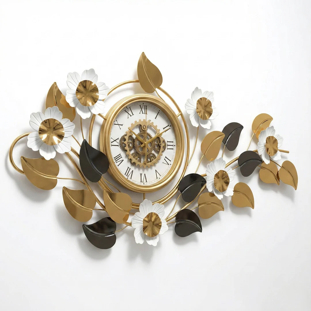 Large Elegant Wall Clock with Quartz Movement, Gold White Silver Floral Design Horizontal or Vertical Modern Decorative Home Accent Clock - Image 4
