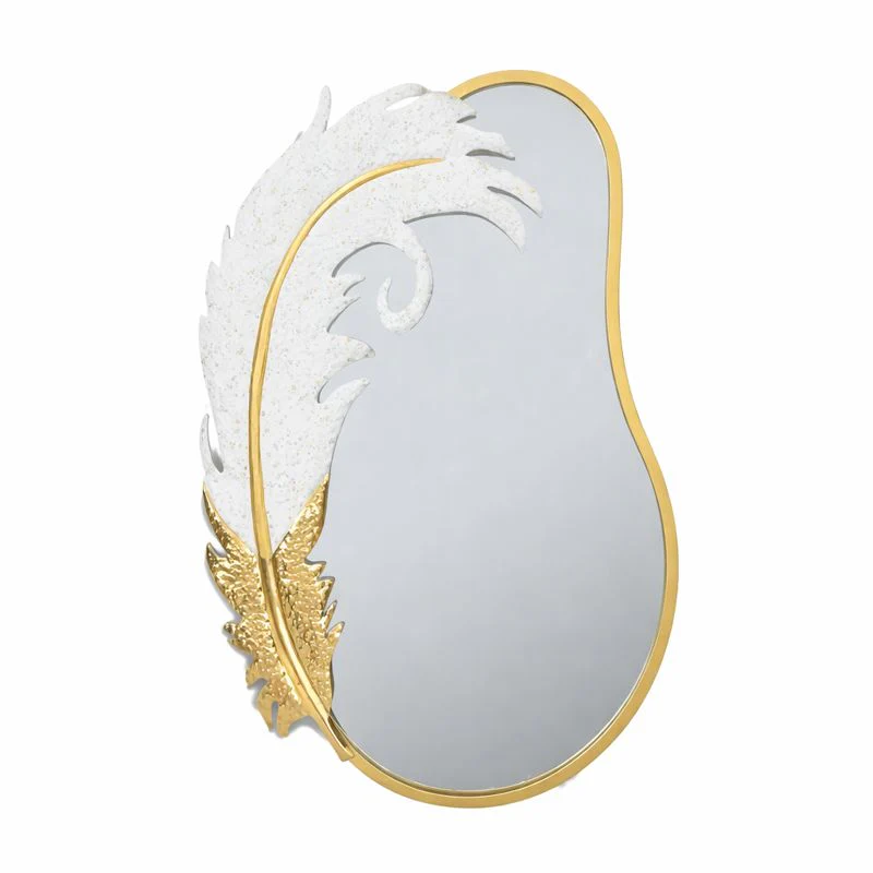 Decorative Metal Wall Mirror, Gold with White Feather, Glitter, 89 cm Asymmetrical Mirror Home Office Girl's Room Decor Gift - Image 3