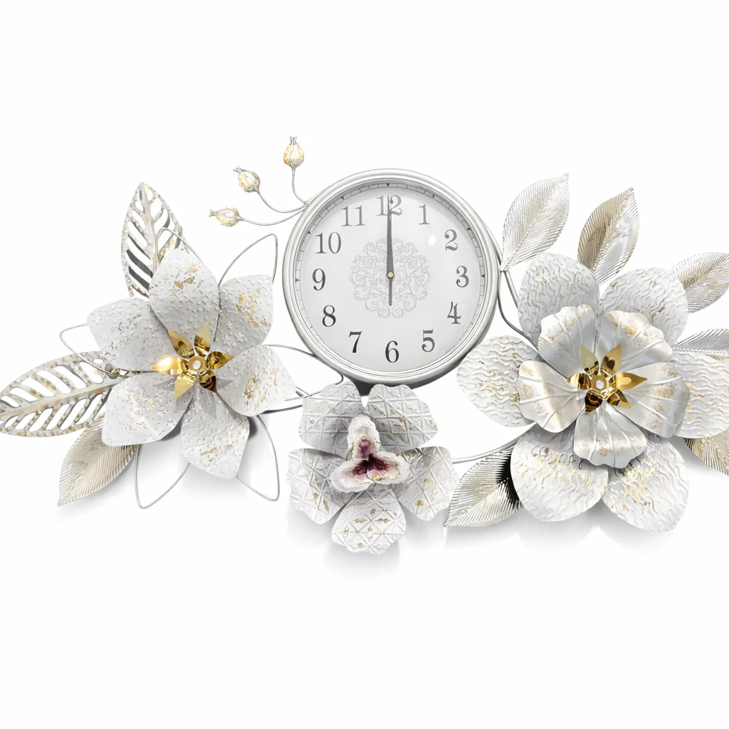 Large Metal Floral Silver Wall Clock, Elegant Horizontal Wall Art, Above the Bed, Couch, Living Room Decor - Image 5
