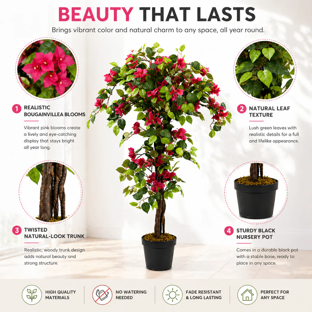 Artificial Bougainvillea Tree 4ft Pink Faux Bougainvillea Plant with Stable Base for Home & Office Decor, Housewarming Gift - Image 3
