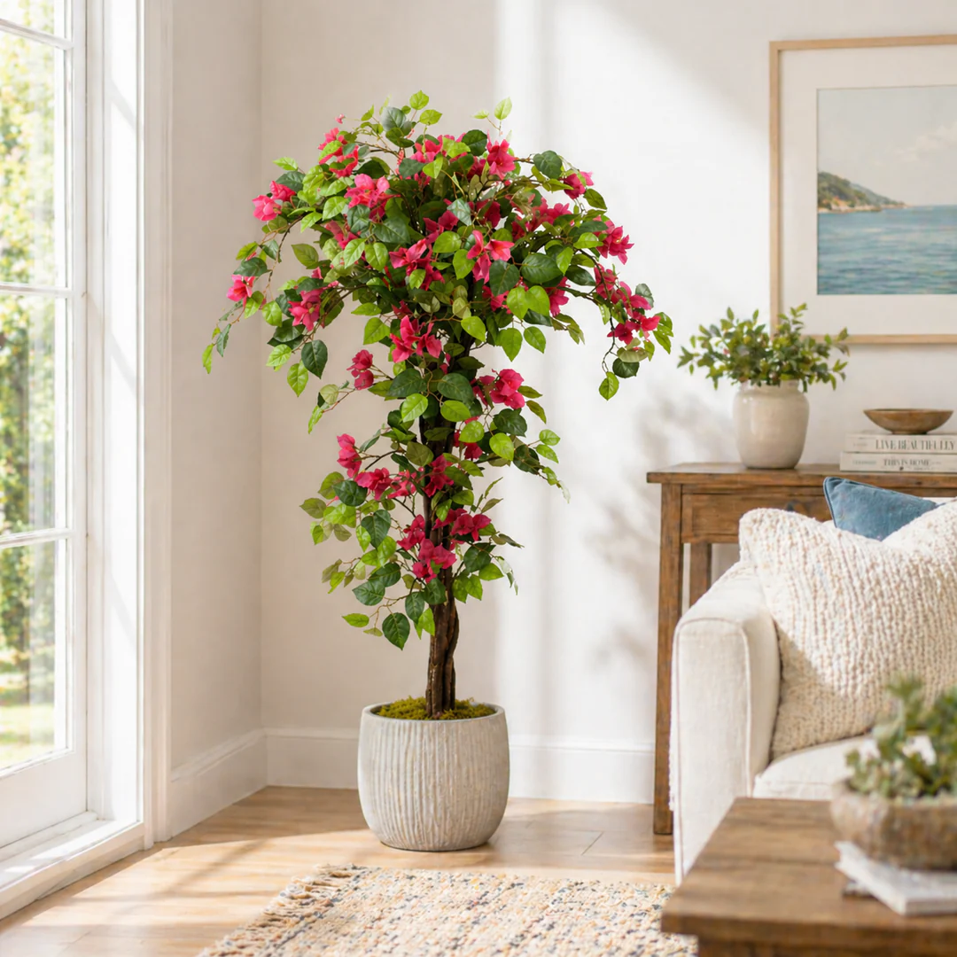 Artificial Bougainvillea Tree 4ft Pink Faux Bougainvillea Plant with Stable Base for Home & Office Decor, Housewarming Gift