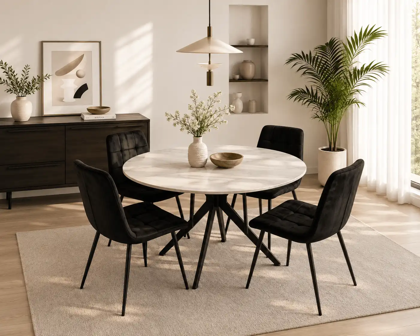 Dining Table Set With 4 Chairs Round Stone Top Matte finish