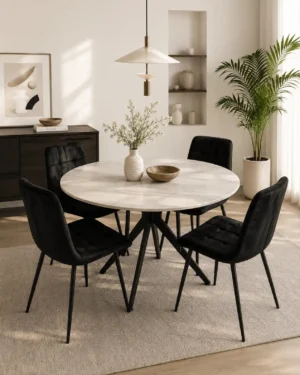 Dining Table Set With 4 Chairs Round Stone Top Matte finish