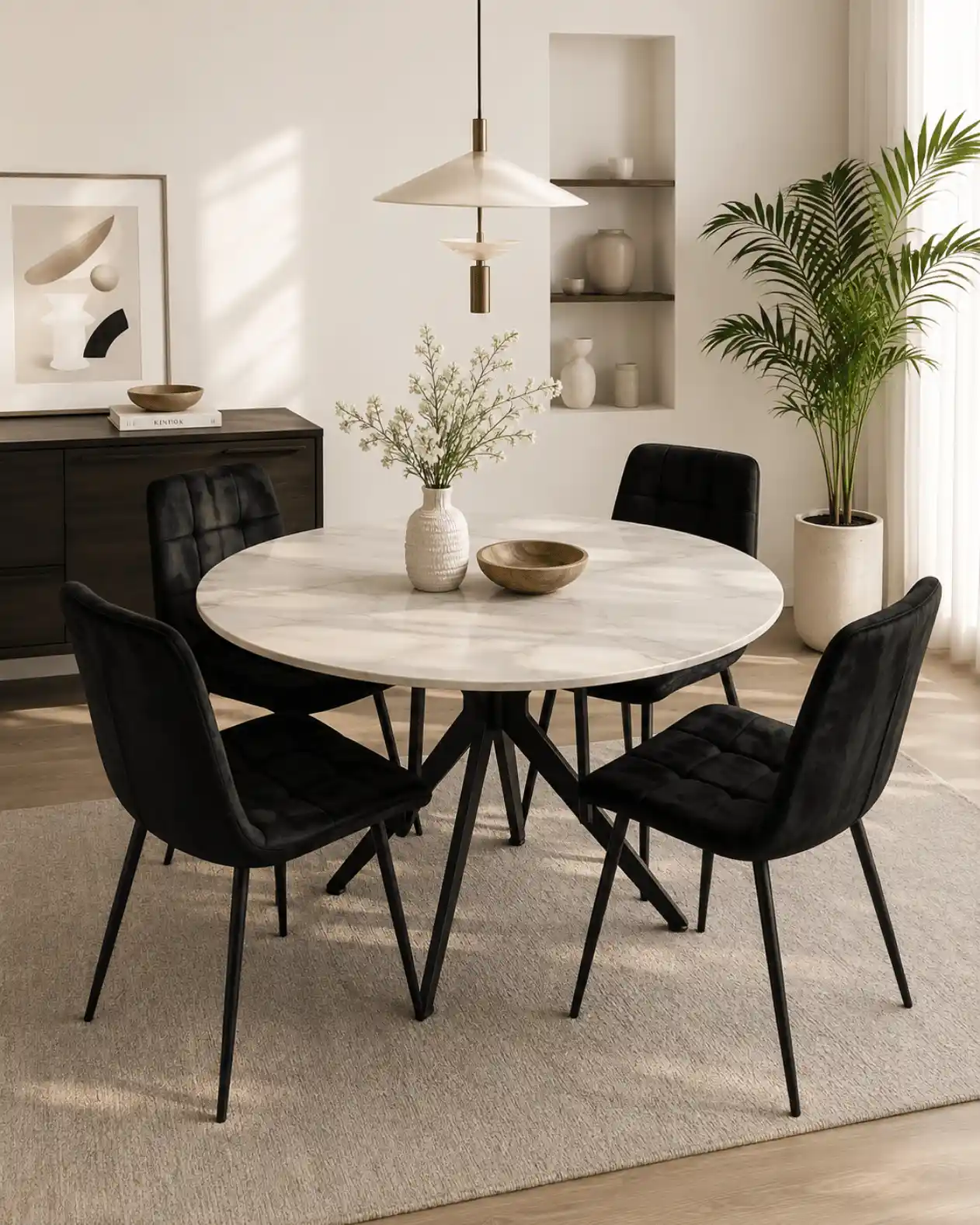 Dining Table Set With 4 Chairs Round Stone Top Matte finish