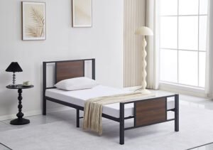 Black Steel Bed Frame with Wood Pane